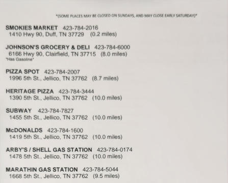 a picture of the stores and restaurants available in the area. (smokies market, johnson's grocery & deli, pizza spot, heritage pizza, subway, mccdonalds, arby's / shell gas station, marathon gas station, sunoco gas station, family dollar, dollar general, 